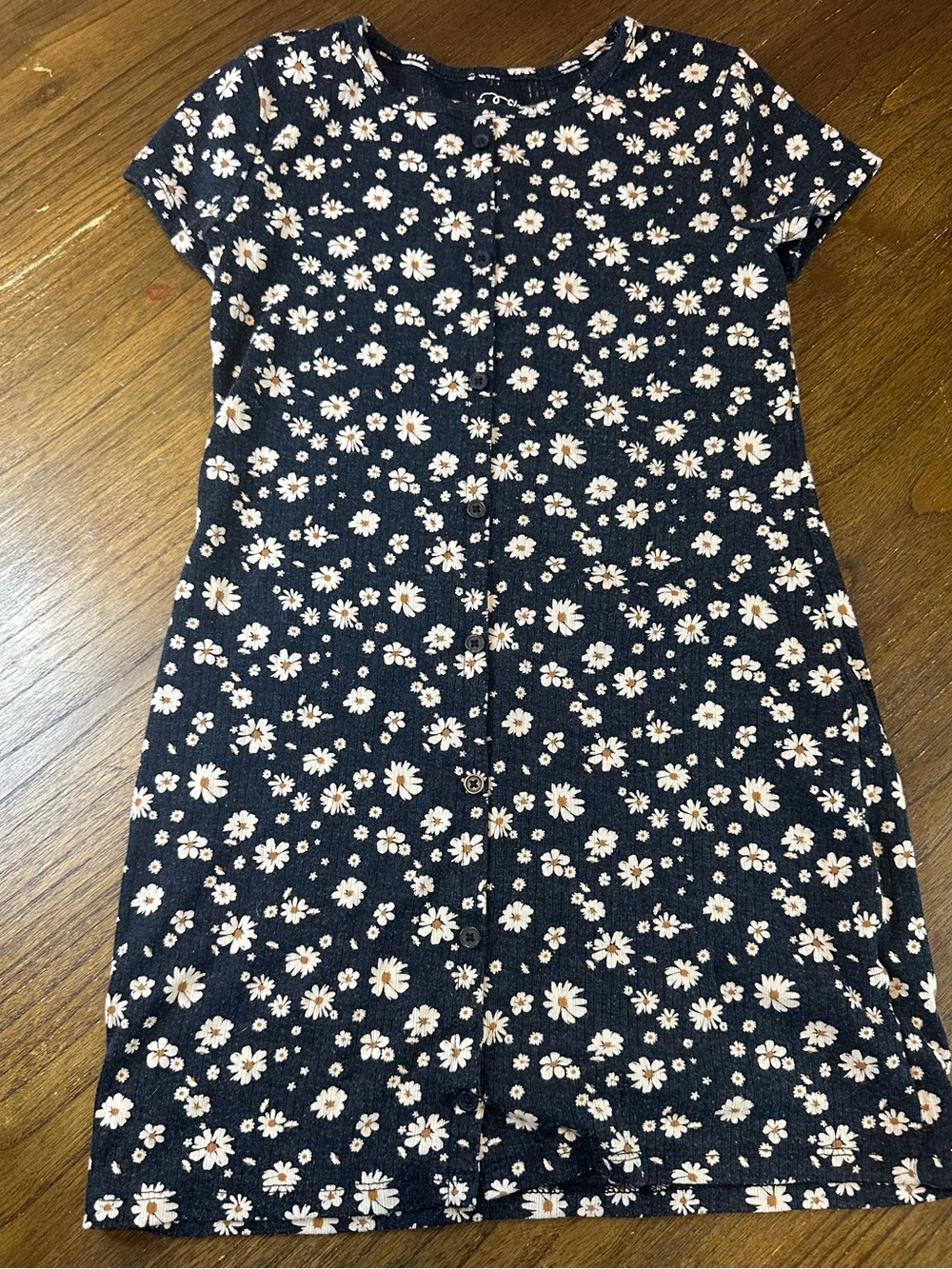 Girls Black Floral Button-Front Dress
